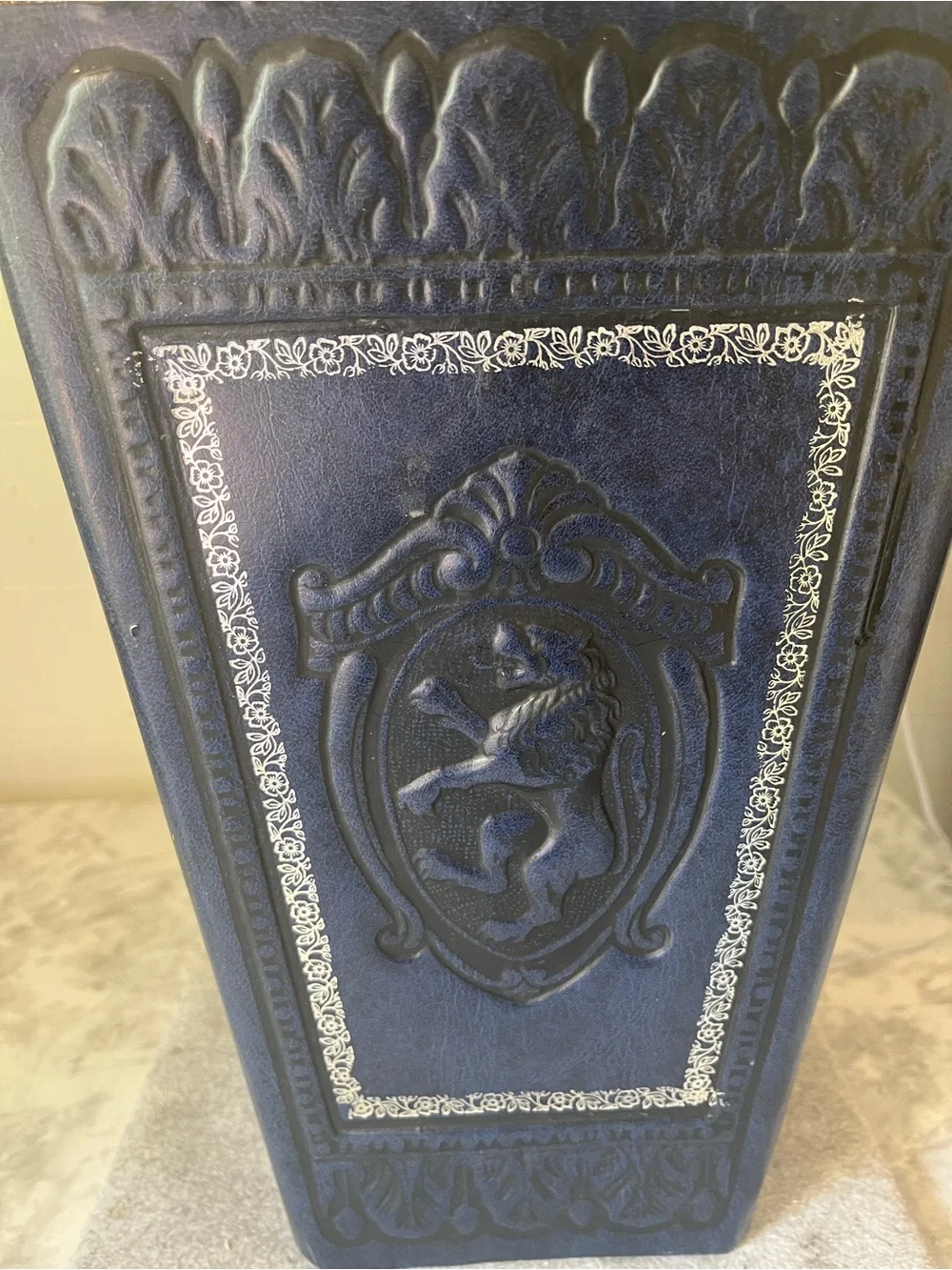 Vintage Italian Florentine Wastebasket Faux Leather Dark Navy Blue Collapsible